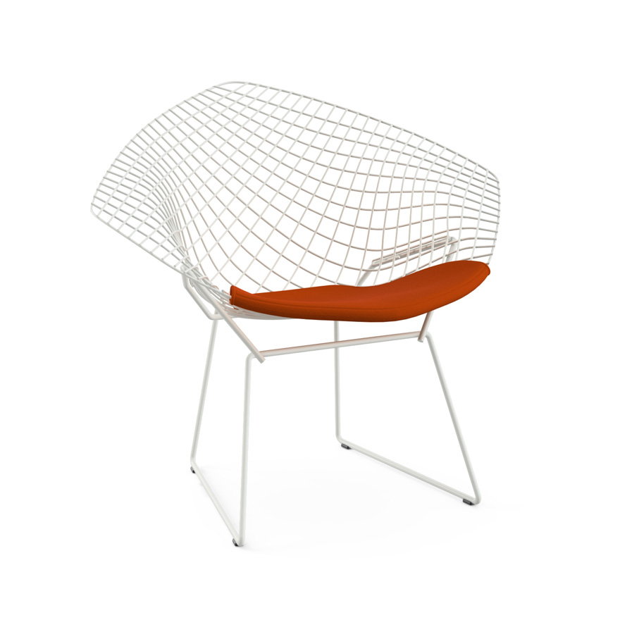 KNOLL armchair wirh cushion BERTOIA DIAMOND (White structure Poppy  cushion Steel Fabric Ultrasuede)