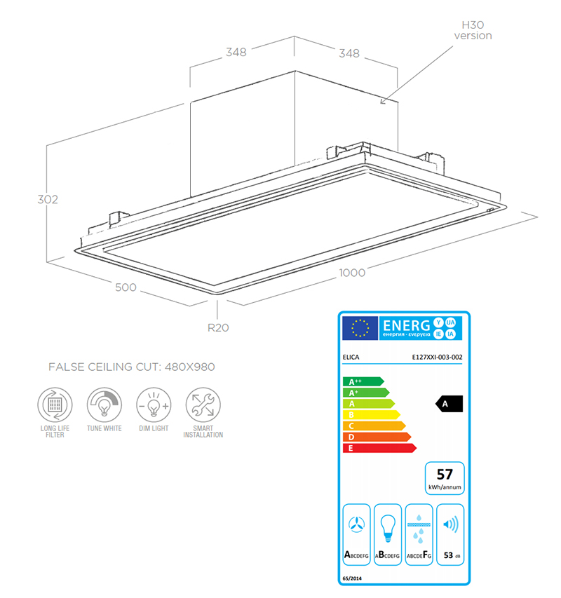 Elica Illusion paint Hotte encastrable plafond 100 cm h 30 en